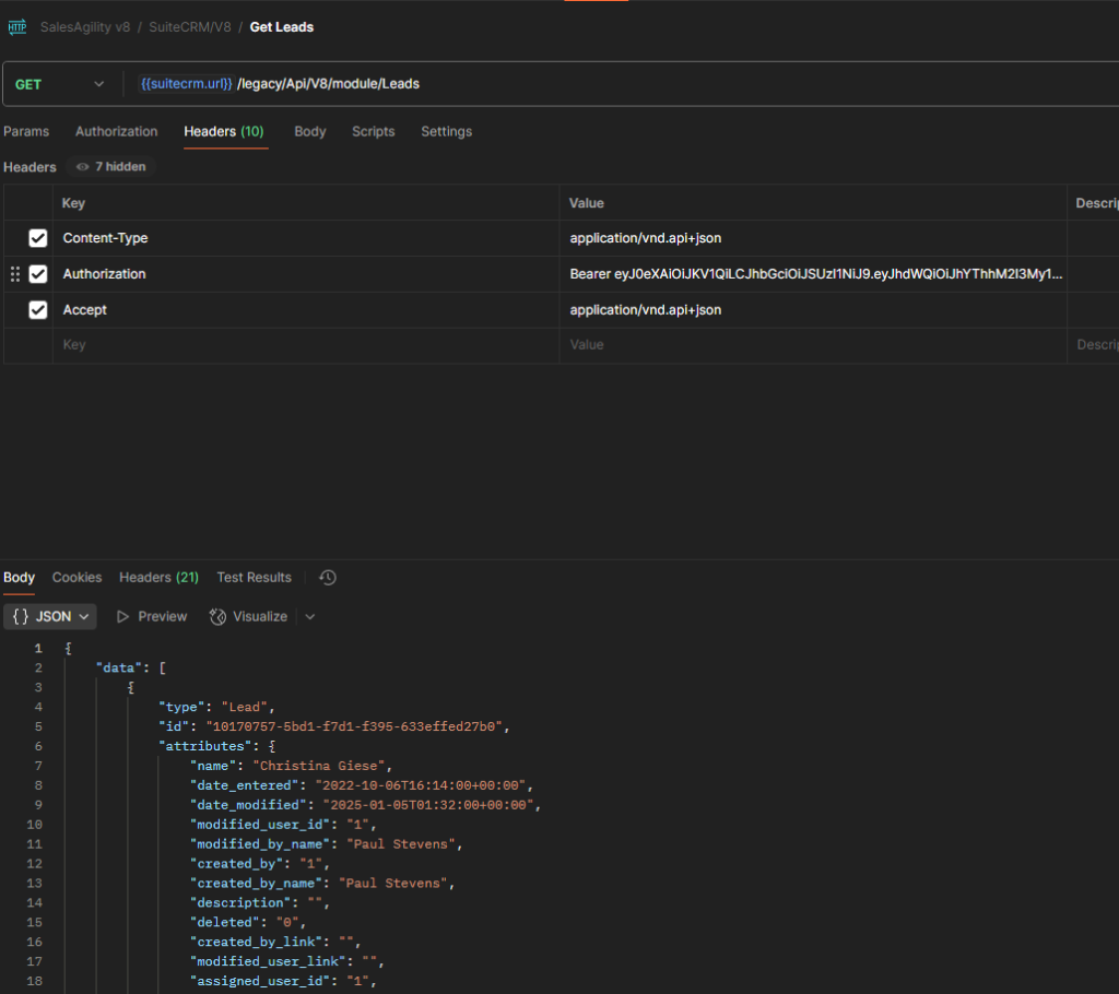 SuiteCRM API Leads