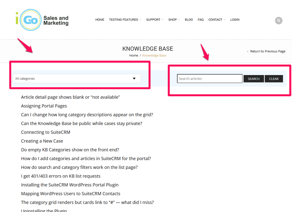 suitecrm wordpress knowledgebase list view