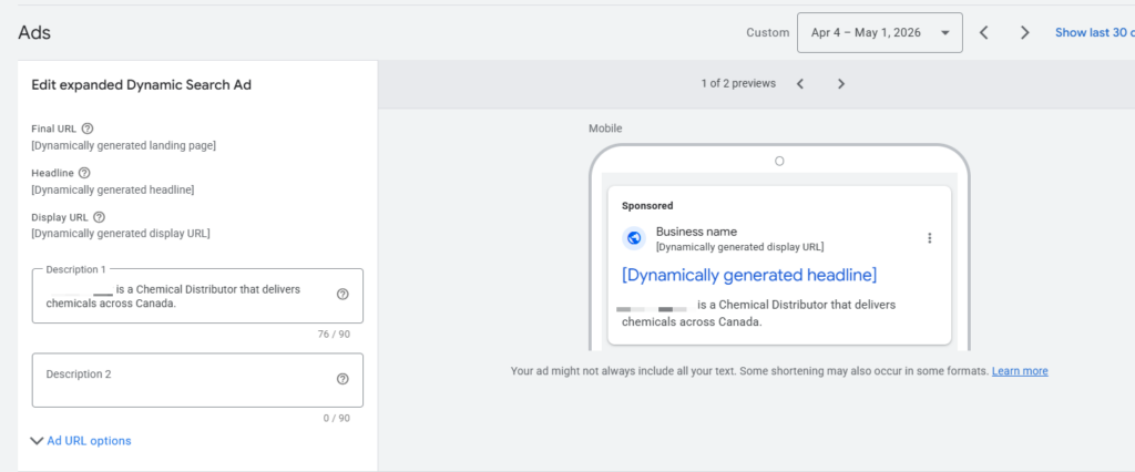 dynamic search ad example for chemical distributor