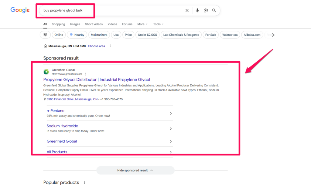 example of google ad for chemical product