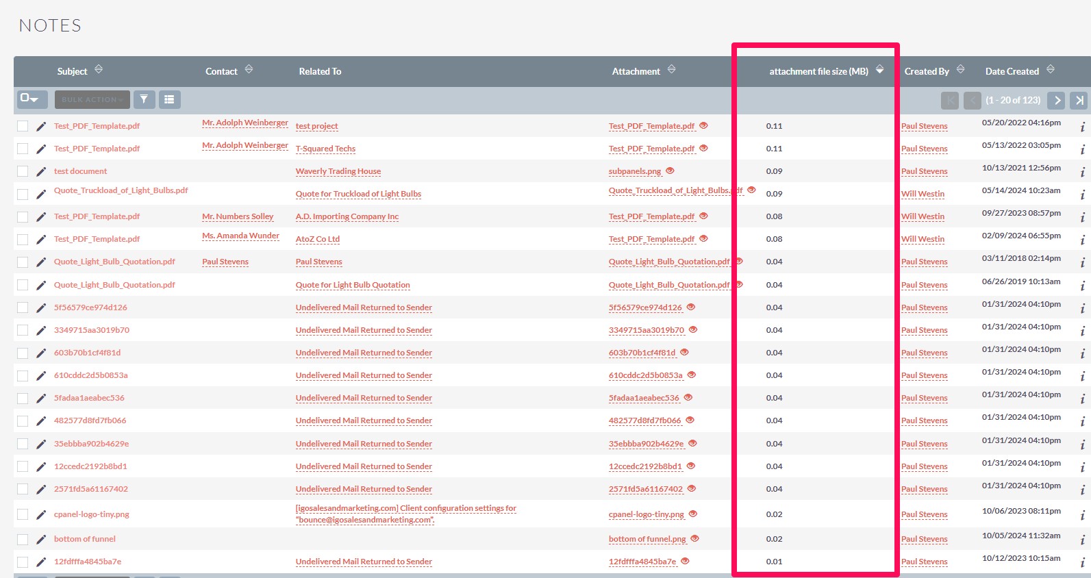 suitecrm attachment file size management