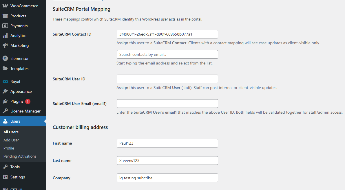 suitecrm wordpress portal mapping