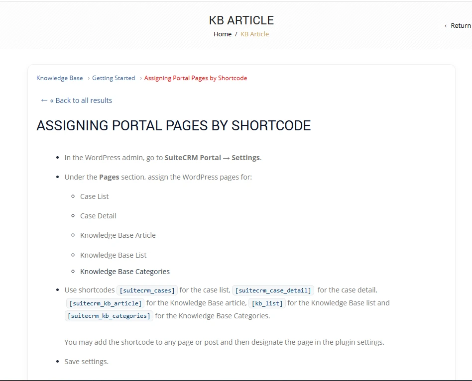suitecrm wordpress portal kb article example
