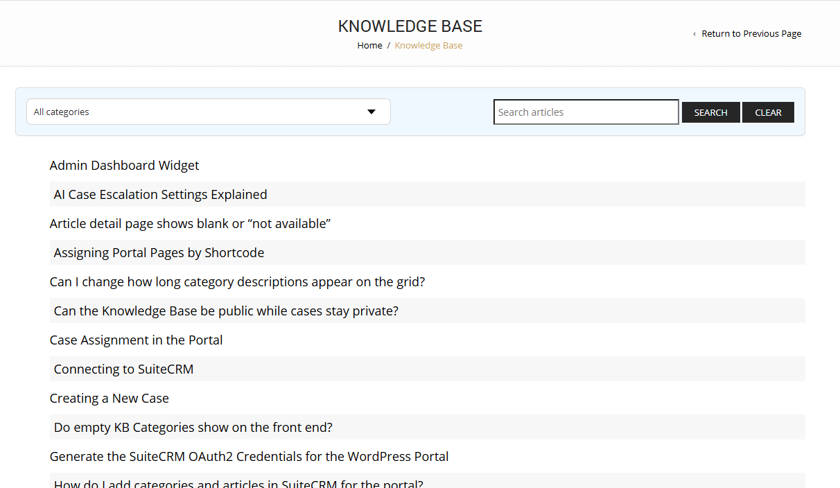 suitecrm wordpress portal knowledge base